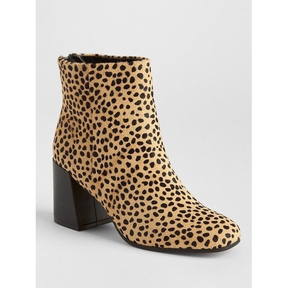 Gap Leopard Ankle Boots Women 7.5 Tan Black Calf Hair Block Heel Booties